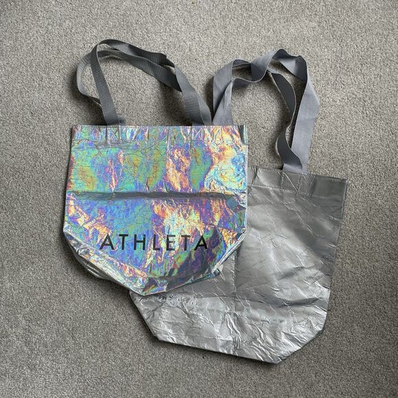Athleta Handbags - Athleta Reusable Shopping Bags Silver Shiny Iridescent Lot of 2